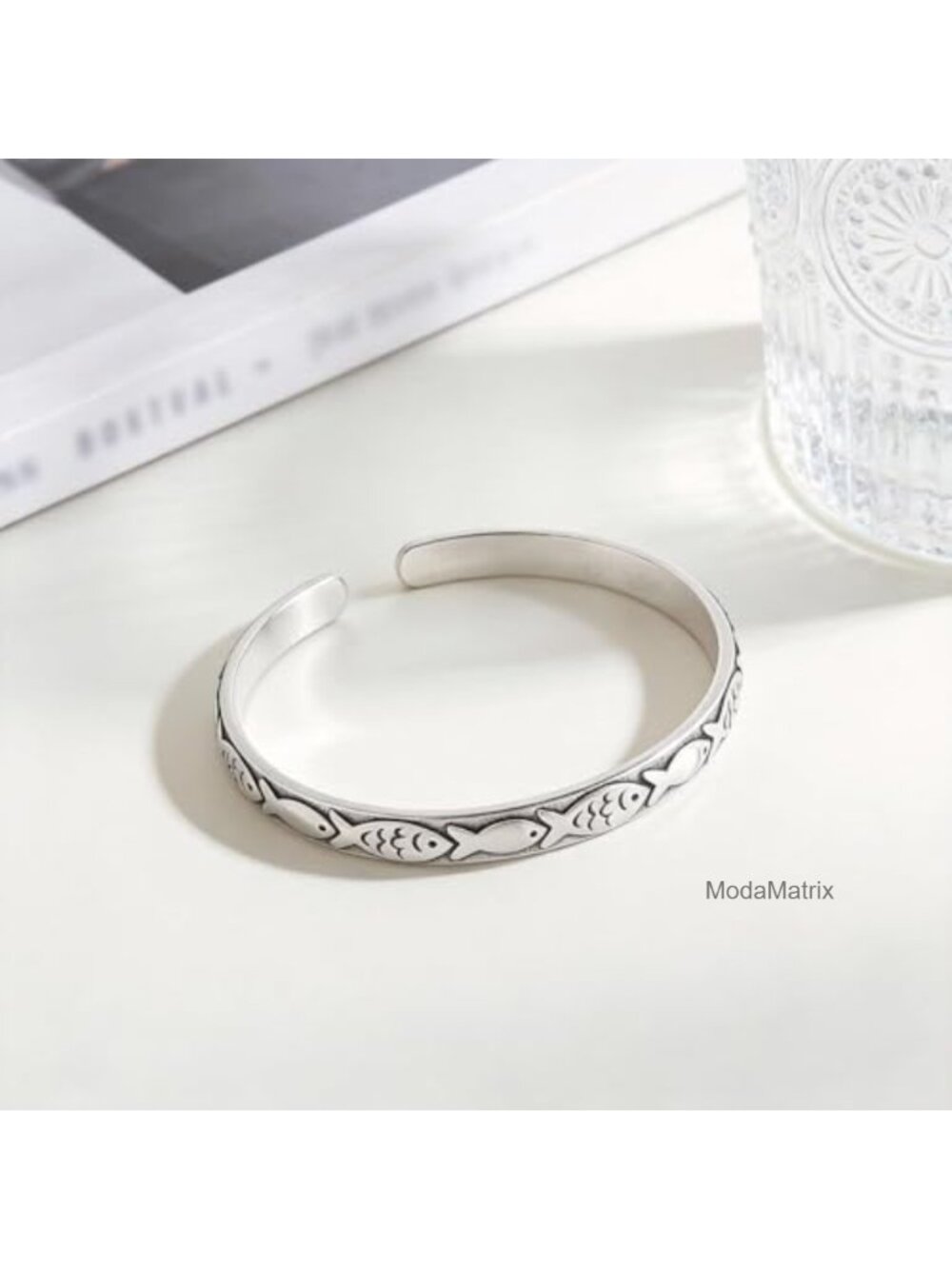 Silver Fish Pattern Open Cuff Bracelet Adjustable Bangle for Women - Picture 6 of 6